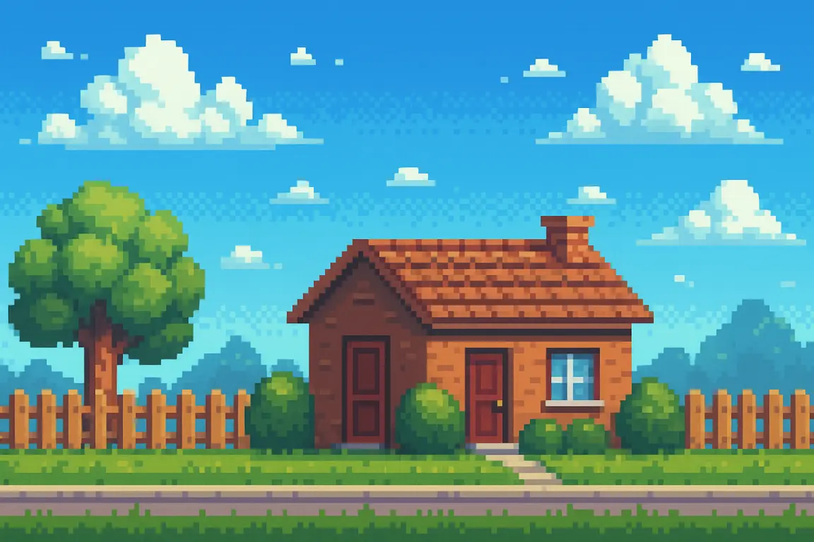 The lawn scene: a cottage on a green lawn under a blue sky
